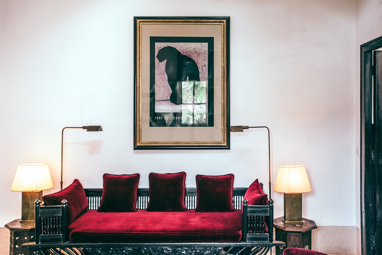 Beautiful velvet sofa in the living room